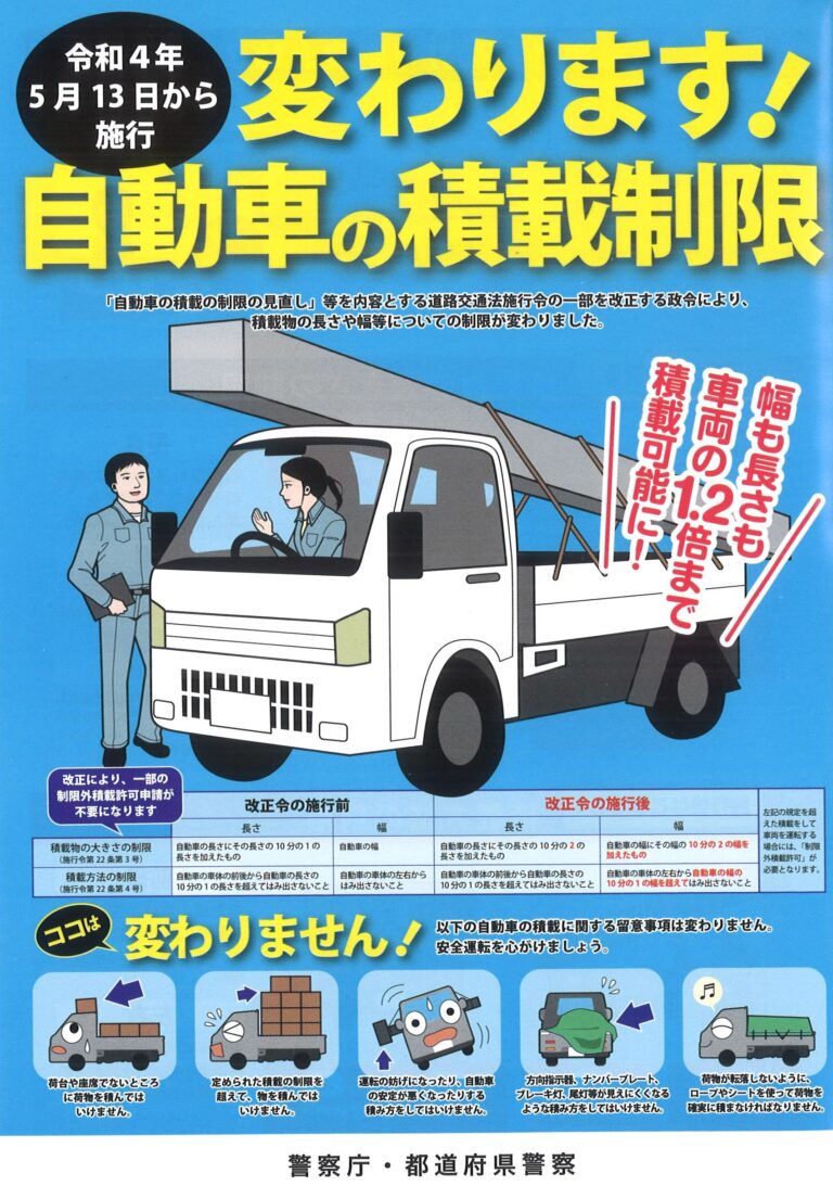 令和4年5月13日から施工　変わります！  自動車の積載制限